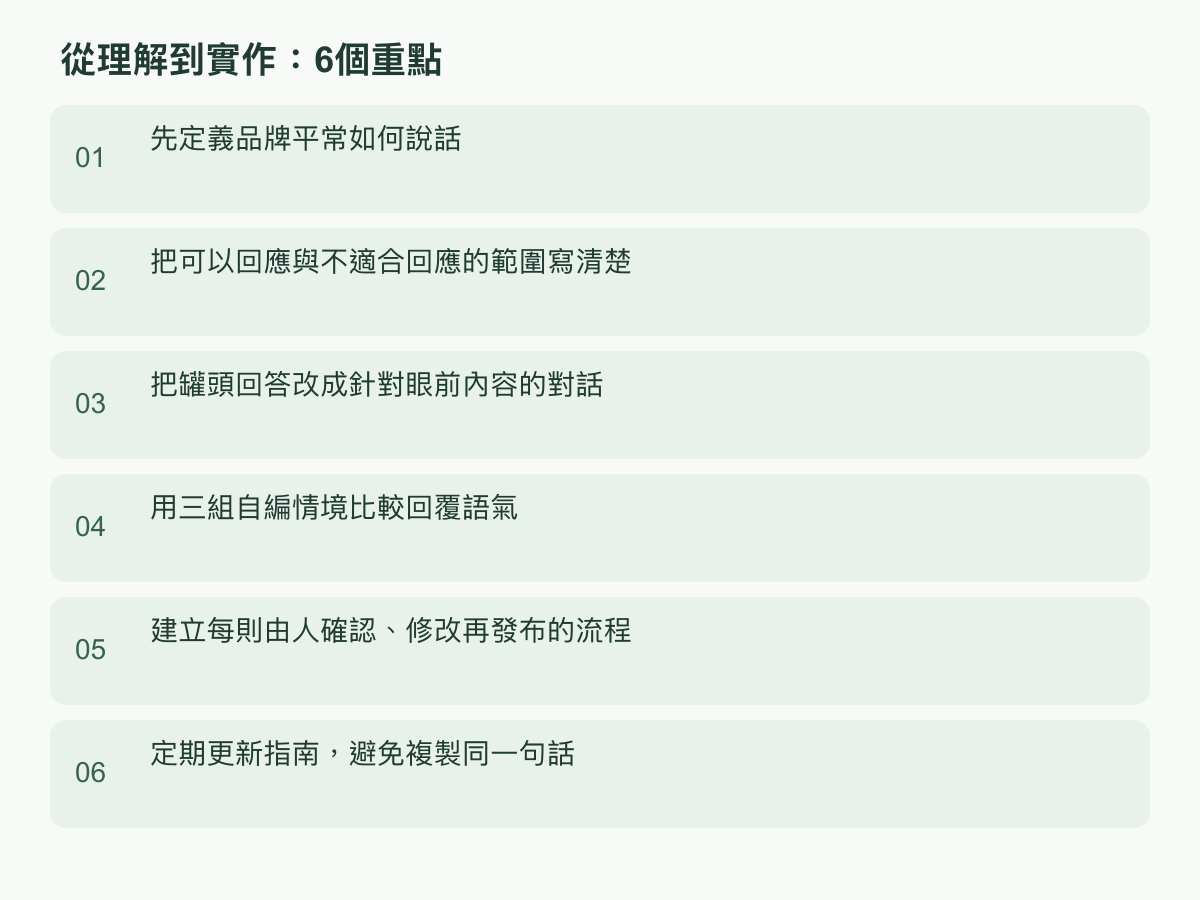 實作步驟：先定義品牌平常如何說話；把可以回應與不適合回應的範圍寫清楚；把罐頭回答改成針對眼前內容的對話；用三組自編情境比較回覆語氣；建立每則由人確認、修改再發布的流程；定期更新指南，避免複製同一句話