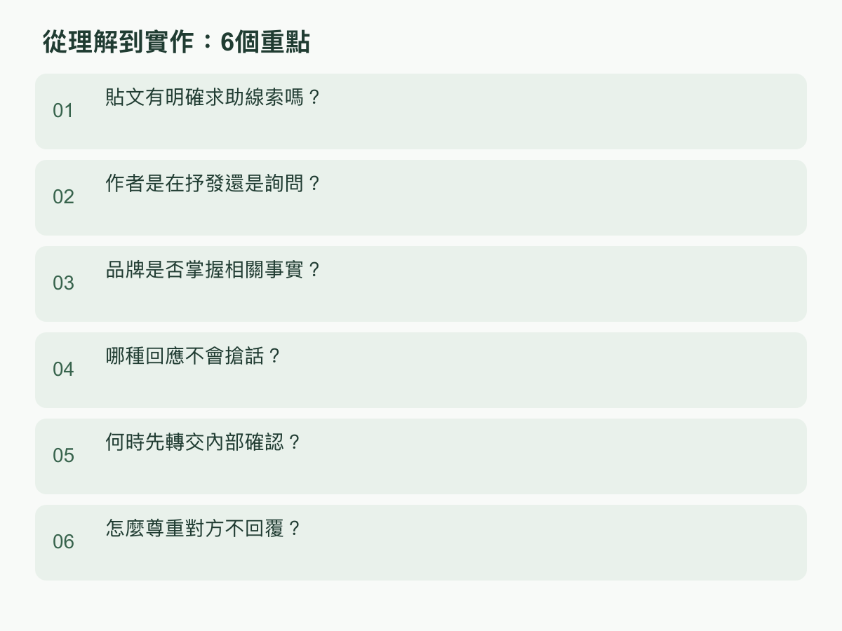 實作步驟:貼文有明確求助線索嗎?;作者是在抒發還是詢問?;品牌是否掌握相關事實?;哪種回應不會搶話?;何時先轉交內部確認?;怎麼尊重對方不回覆?