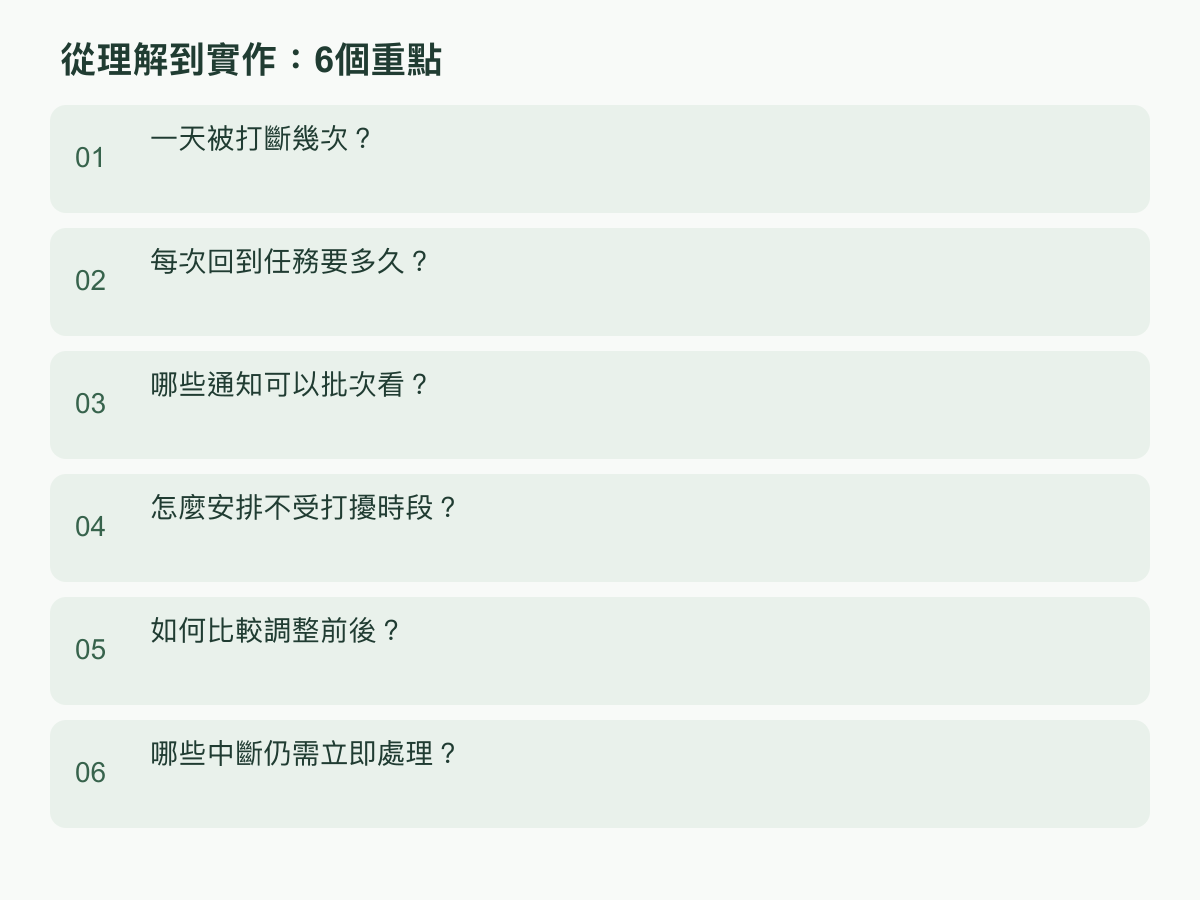 實作步驟：一天被打斷幾次？；每次回到任務要多久？；哪些通知可以批次看？；怎麼安排不受打擾時段？；如何比較調整前後？；哪些中斷仍需立即處理？