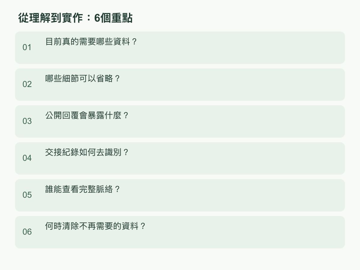實作步驟:目前真的需要哪些資料?;哪些細節可以省略?;公開回覆會暴露什麼?;交接紀錄如何去識別?;誰能查看完整脈絡?;何時清除不再需要的資料?