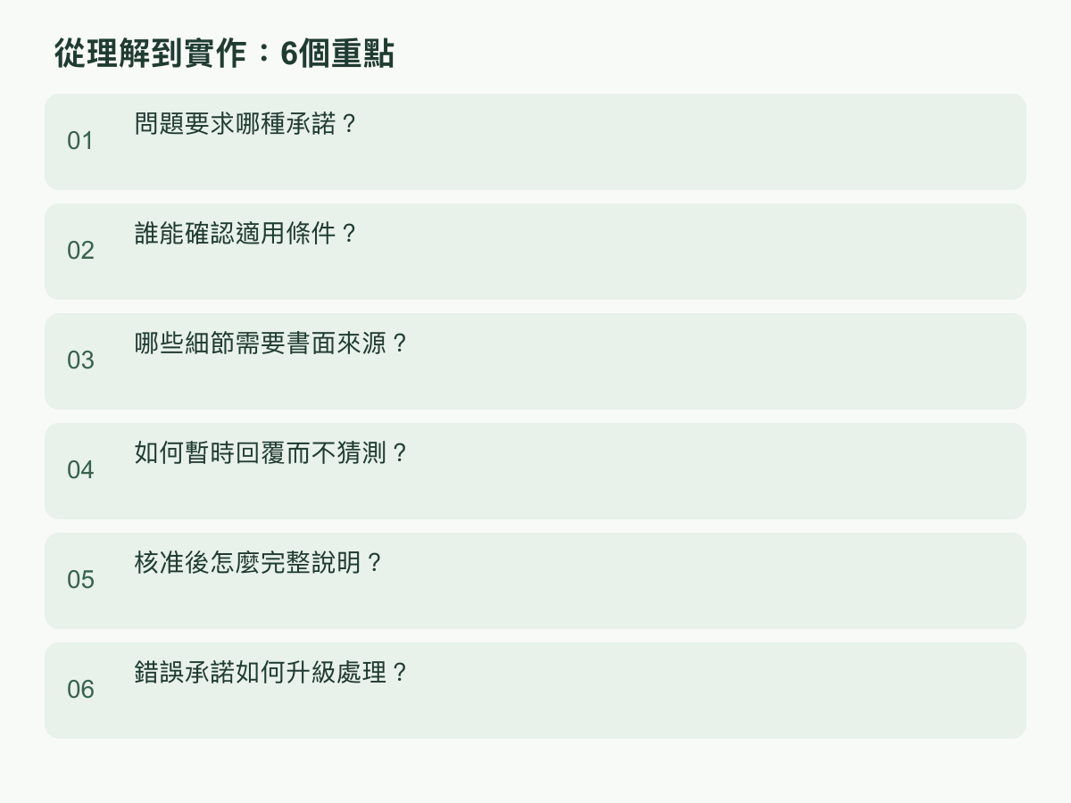實作步驟:問題要求哪種承諾?;誰能確認適用條件?;哪些細節需要書面來源?;如何暫時回覆而不猜測?;核准後怎麼完整說明?;錯誤承諾如何升級處理?