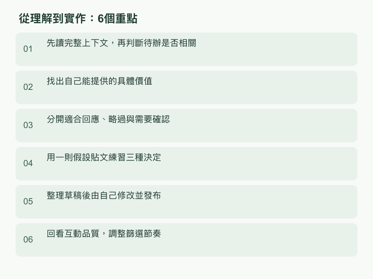 實作步驟:先讀完整上下文,再判斷待辦是否相關;找出自己能提供的具體價值;分開適合回應、略過與需要確認;用一則假設貼文練習三種決定;整理草稿後由自己修改並發布;回看互動品質,調整篩選節奏