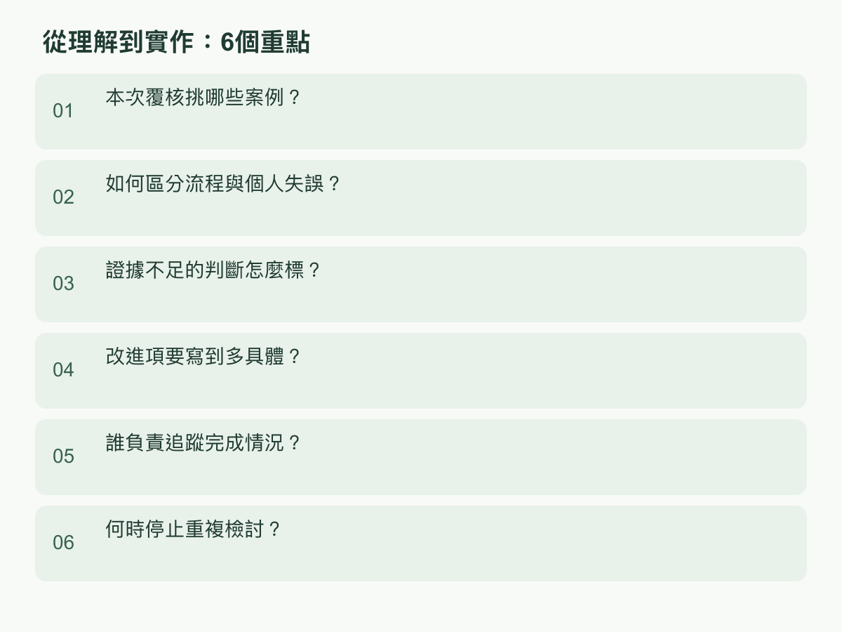 實作步驟:本次覆核挑哪些案例?;如何區分流程與個人失誤?;證據不足的判斷怎麼標?;改進項要寫到多具體?;誰負責追蹤完成情況?;何時停止重複檢討?