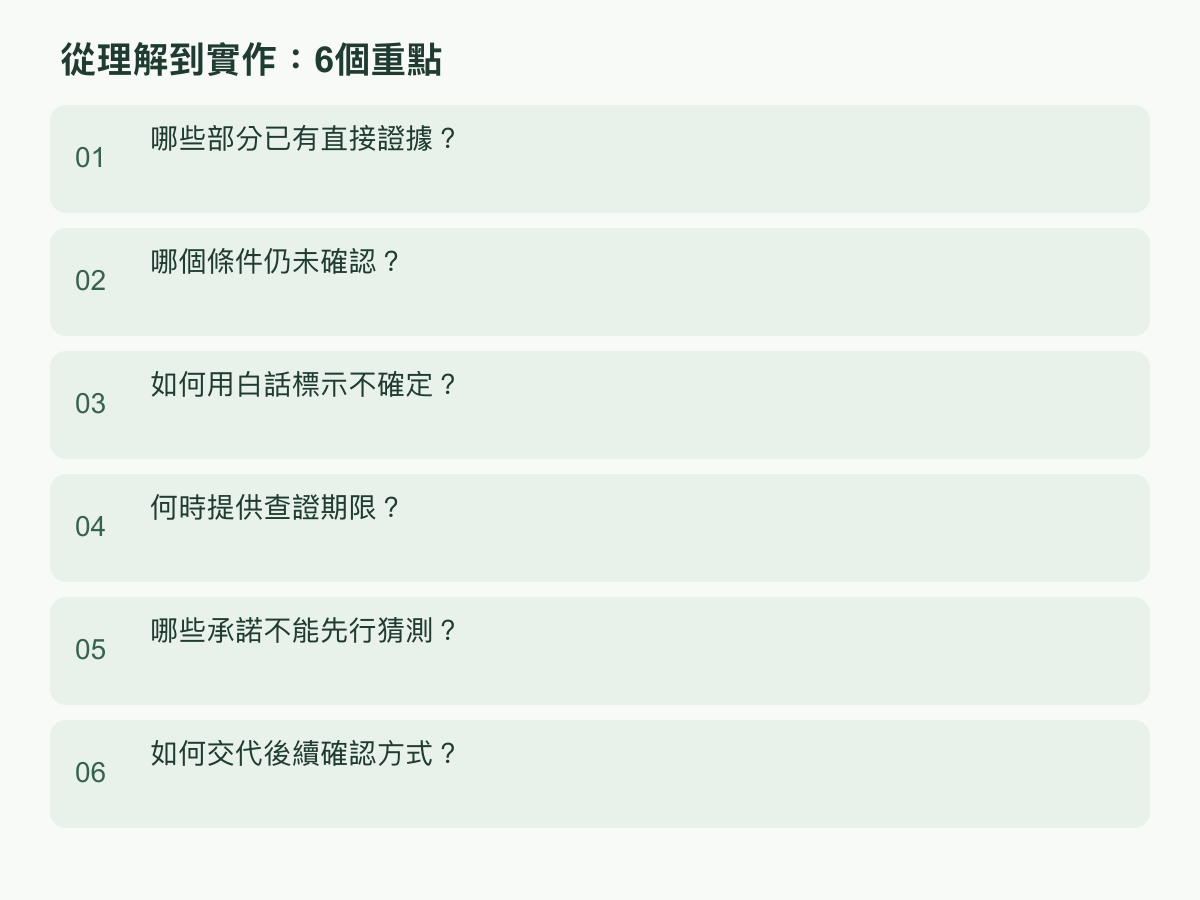實作步驟:哪些部分已有直接證據?;哪個條件仍未確認?;如何用白話標示不確定?;何時提供查證期限?;哪些承諾不能先行猜測?;如何交代後續確認方式?